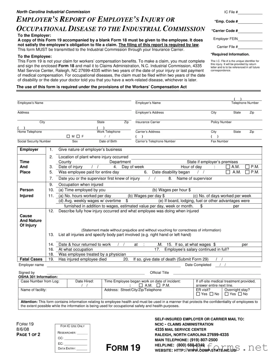 Fillable 19 North Carolina Template