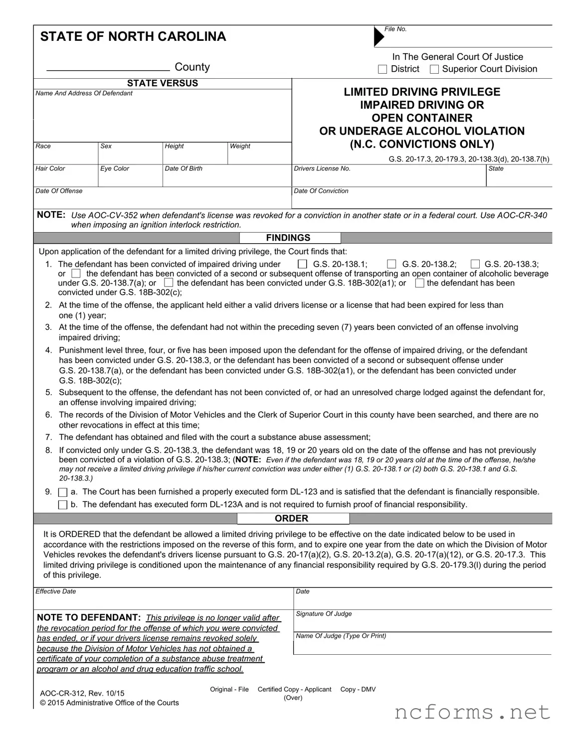 Fillable Driving Privileges Letter North Carolina Template