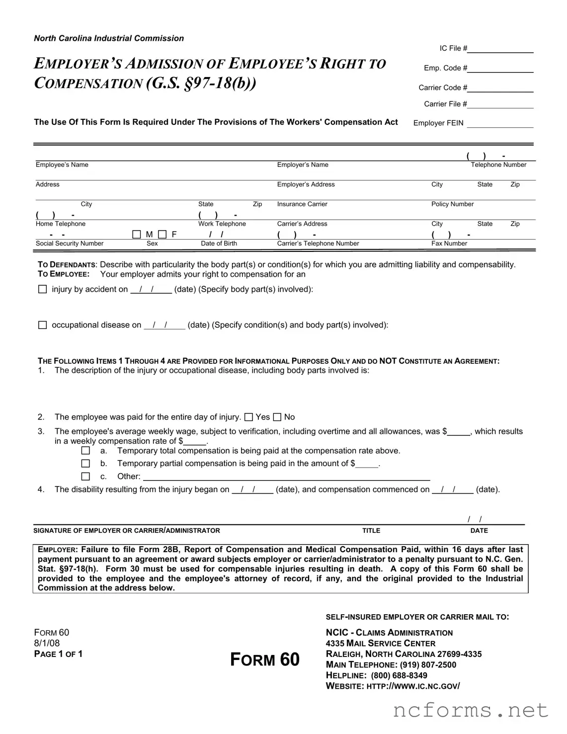 Fillable North Carolina 60 Template