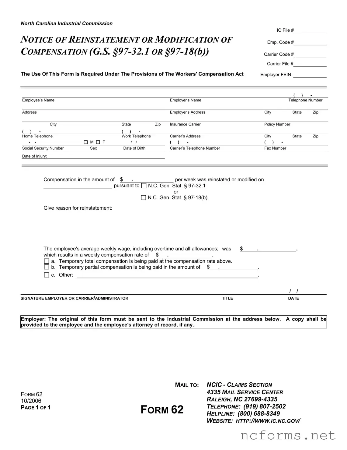 Fillable North Carolina 62 Template