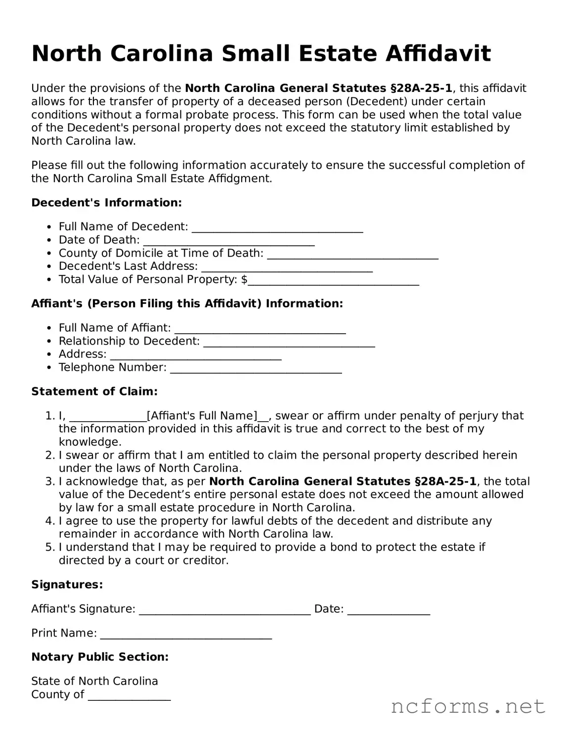 Printable  Small Estate Affidavit Form for North Carolina