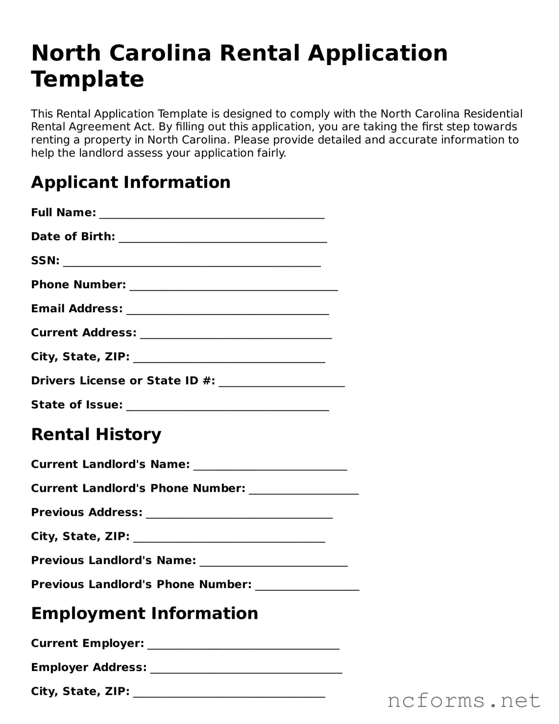 Printable  Rental Application Form for North Carolina