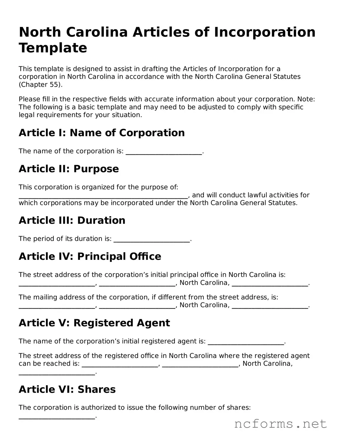 Printable  Articles of Incorporation Form for North Carolina