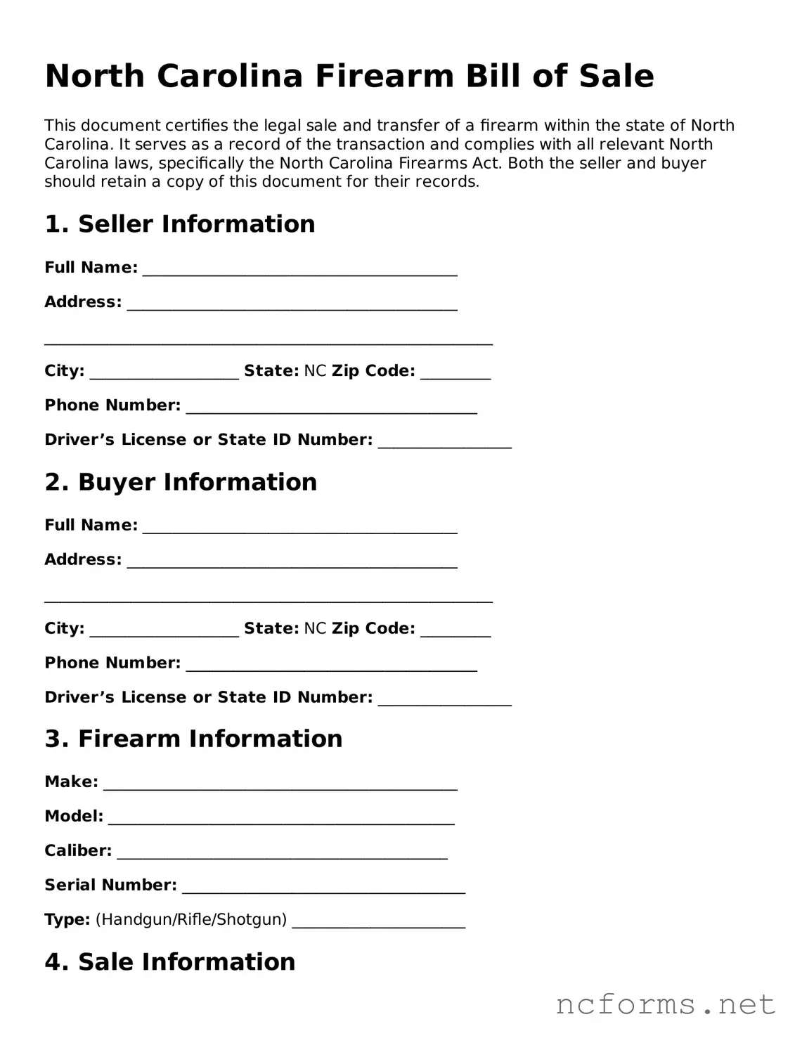 Printable  Firearm Bill of Sale Form for North Carolina