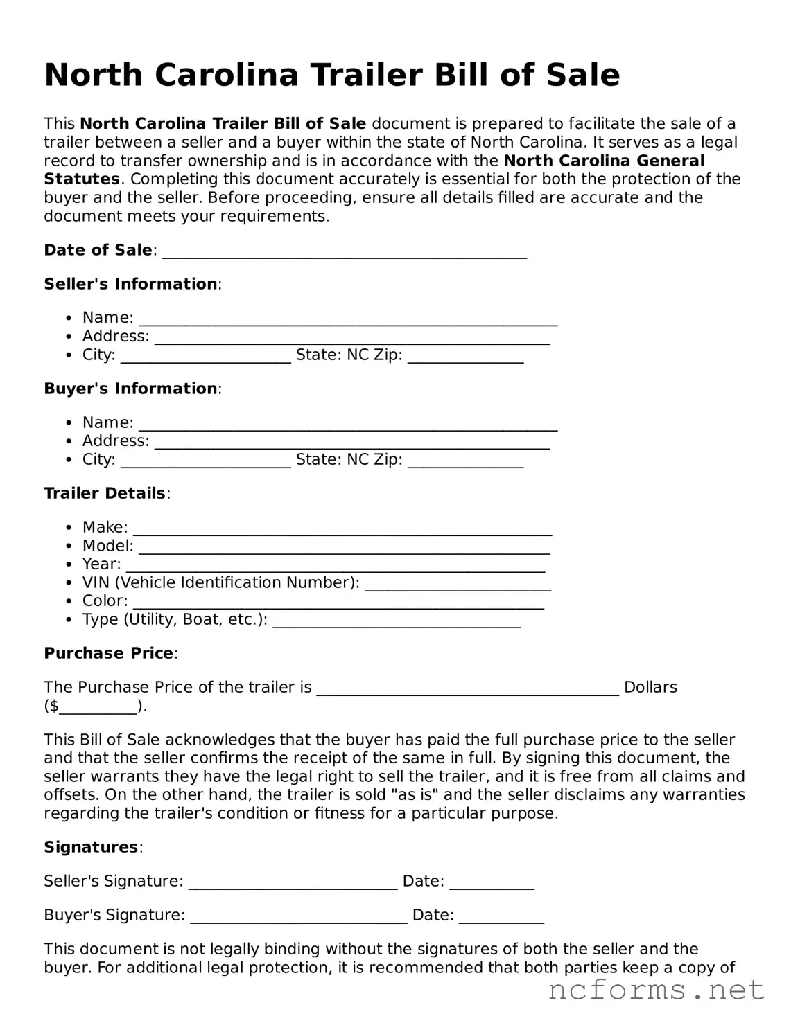 Printable  Trailer Bill of Sale Form for North Carolina