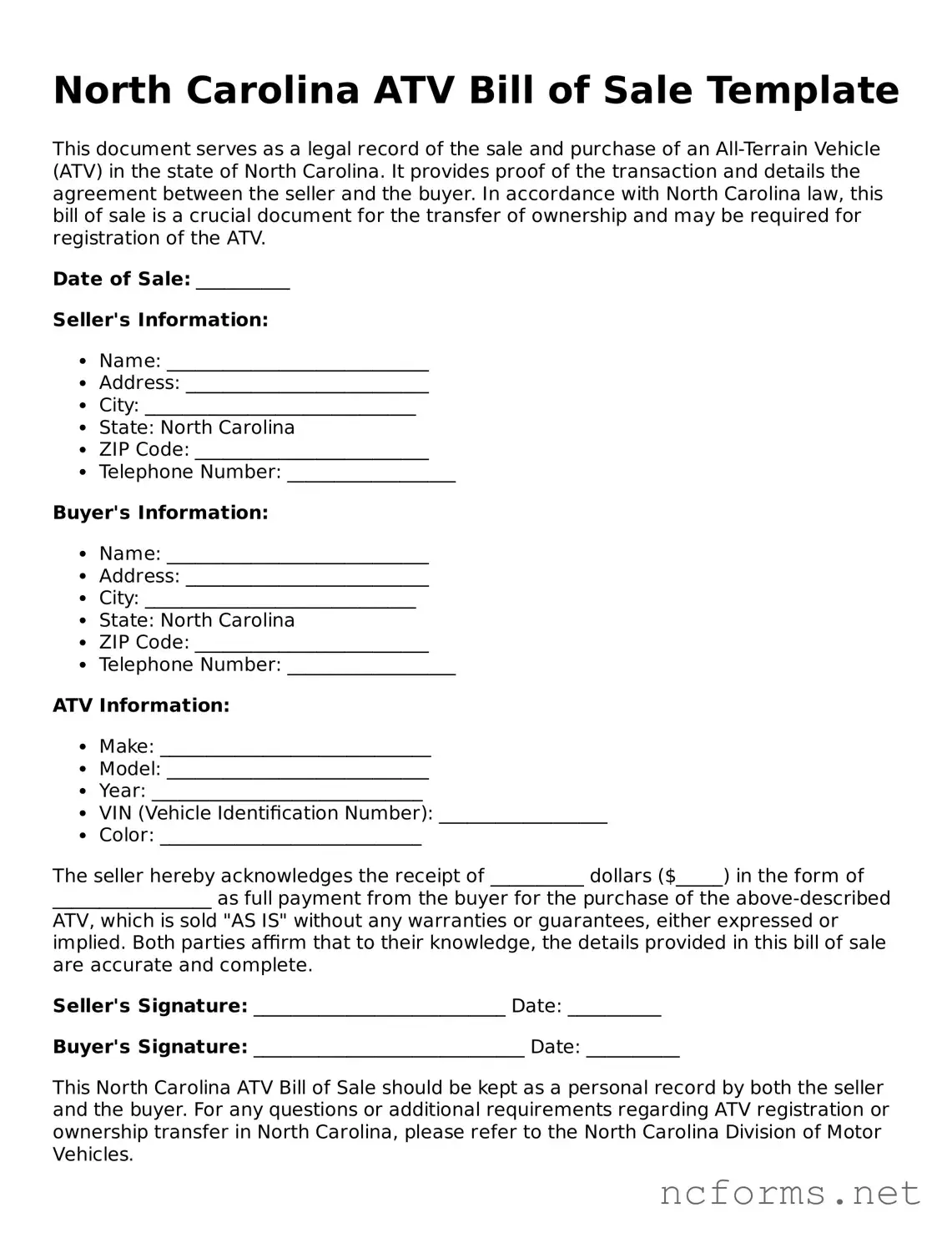 Printable  ATV Bill of Sale Form for North Carolina