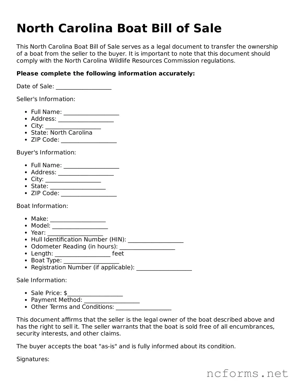 Printable  Boat Bill of Sale Form for North Carolina