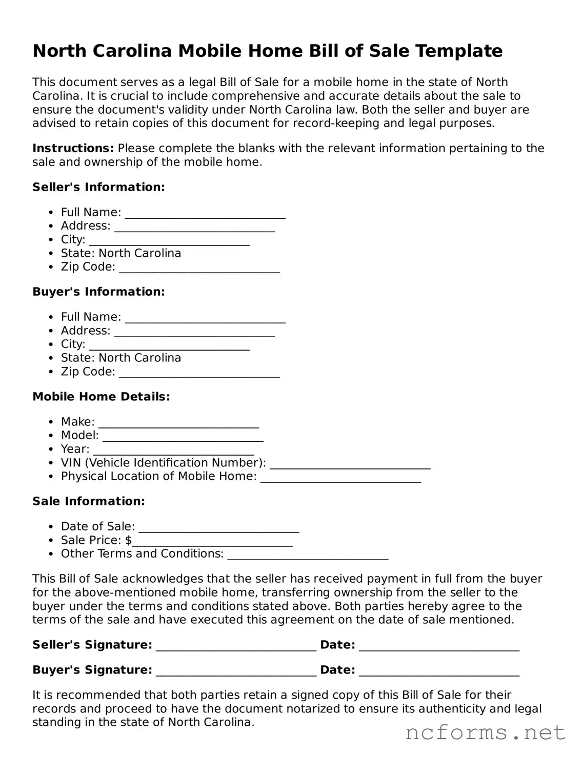 Printable  Mobile Home Bill of Sale Form for North Carolina