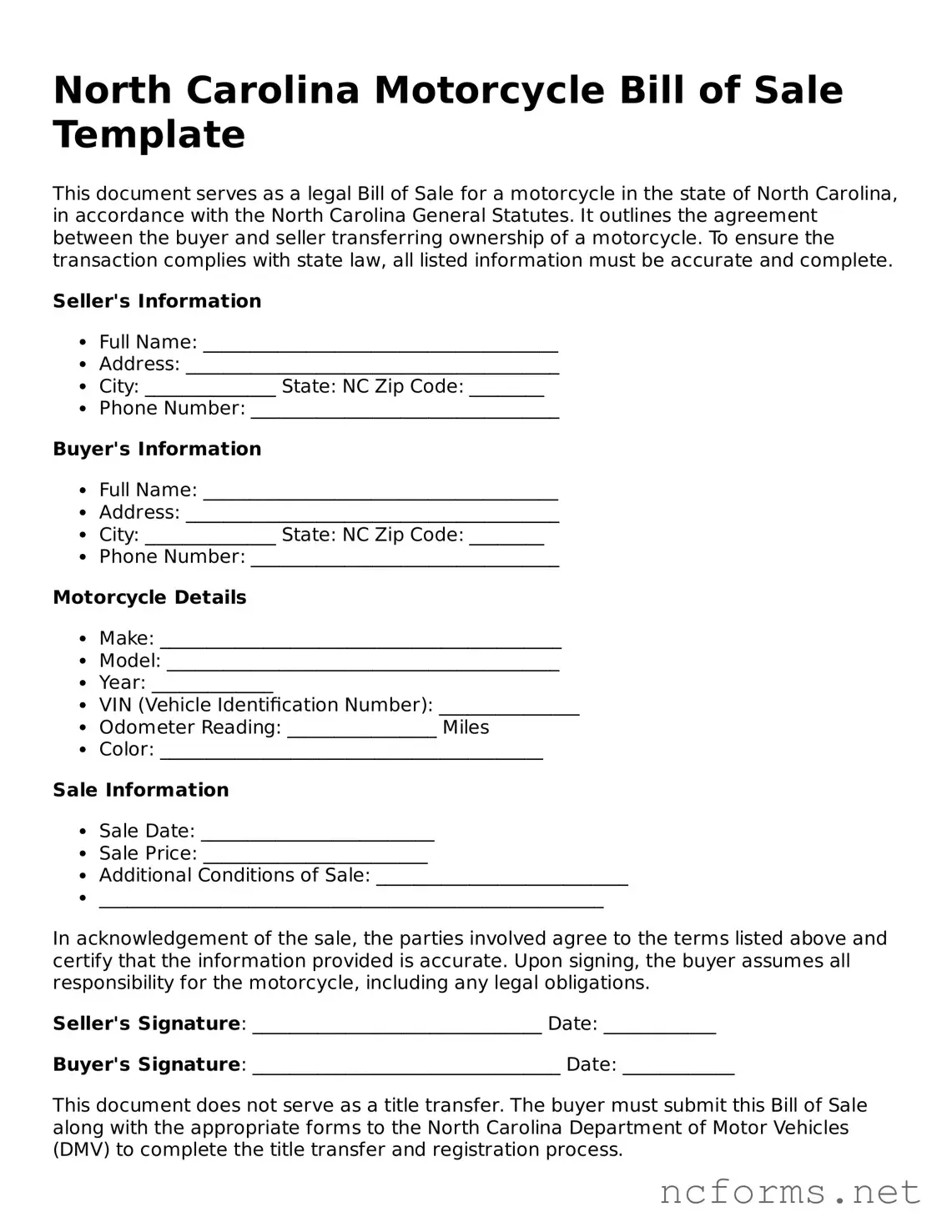 Printable  Motorcycle Bill of Sale Form for North Carolina
