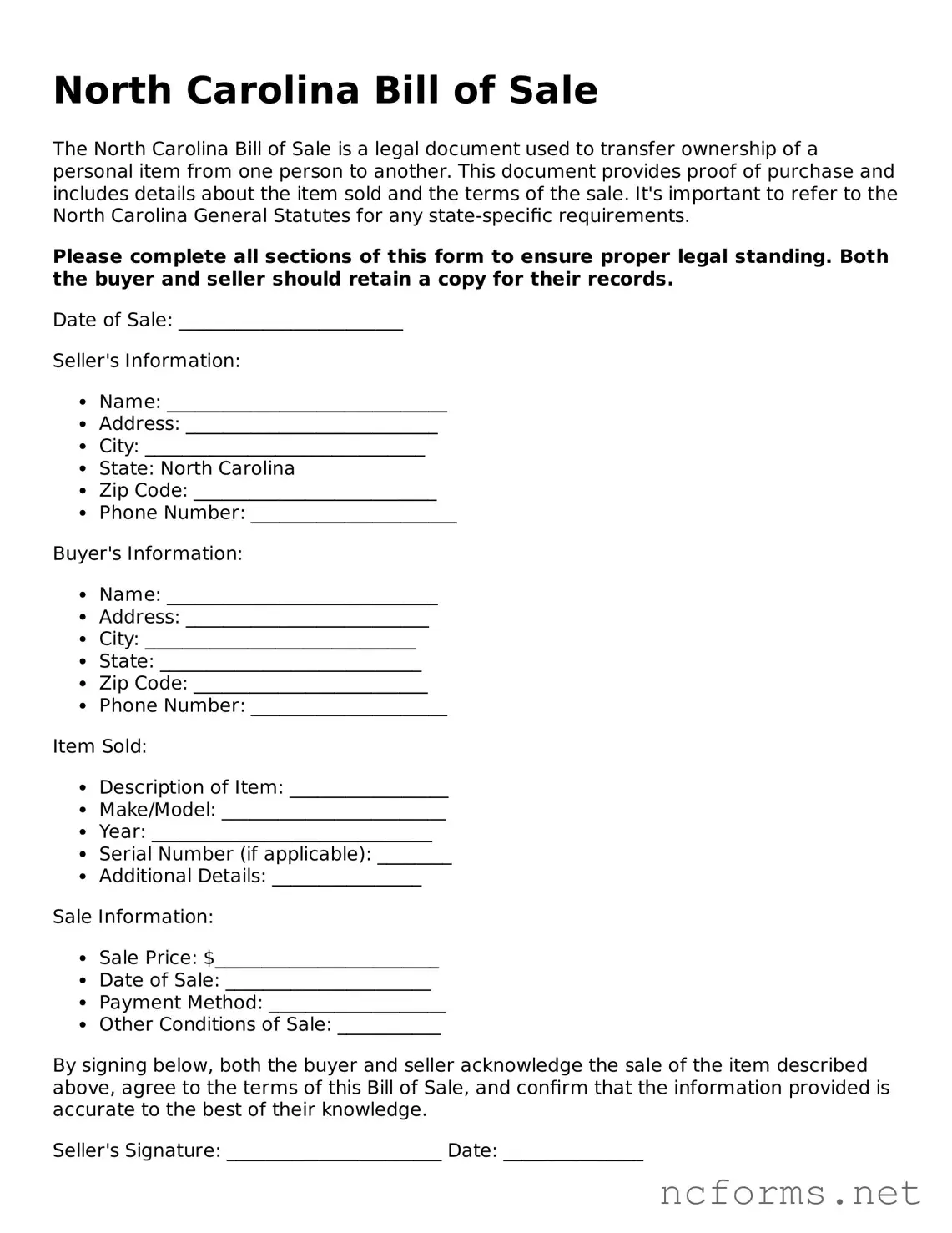Printable  Bill of Sale Form for North Carolina