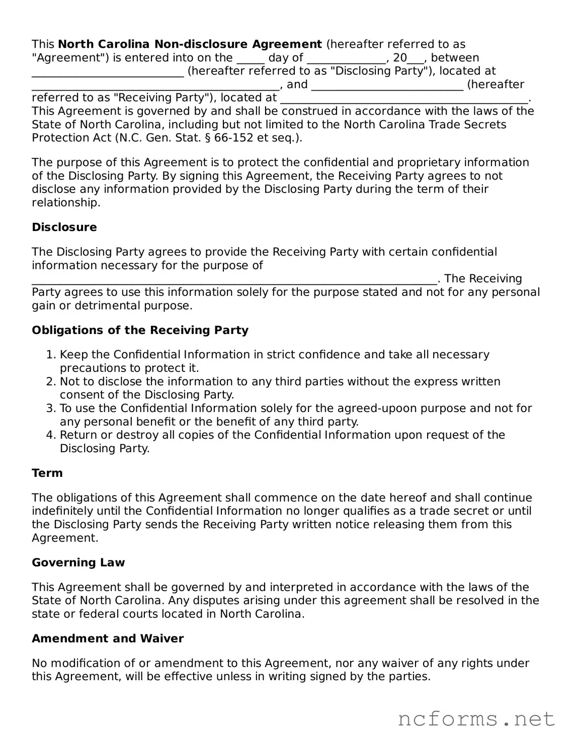 Printable  Non-disclosure Agreement Form for North Carolina