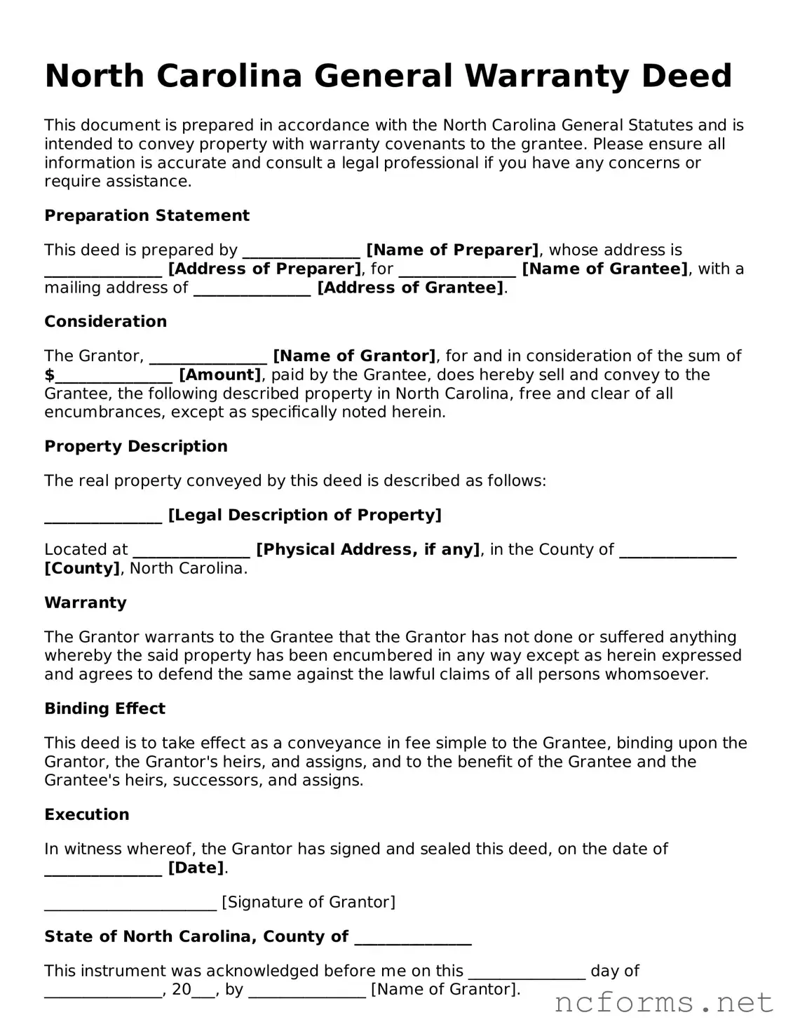 Printable  Deed Form for North Carolina