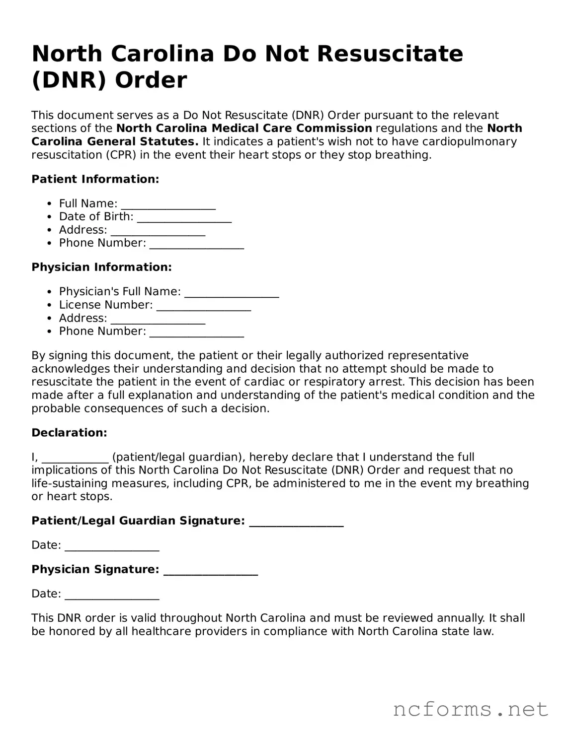 Printable  Do Not Resuscitate Order Form for North Carolina