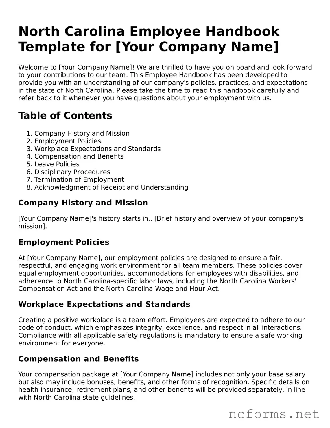 Printable  Employee Handbook Form for North Carolina
