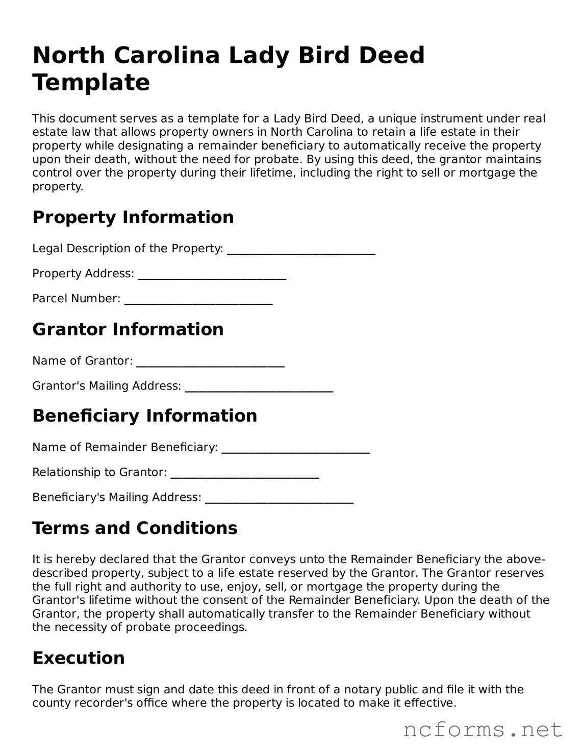 Printable  Lady Bird Deed Form for North Carolina