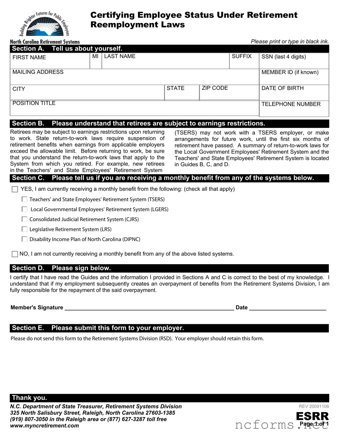 Fillable North Carolina Esrr Template