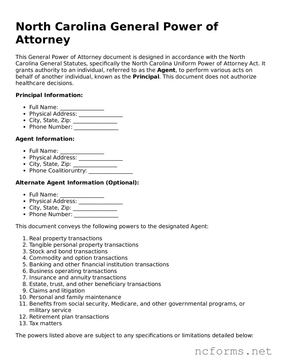 Printable  General Power of Attorney Form for North Carolina