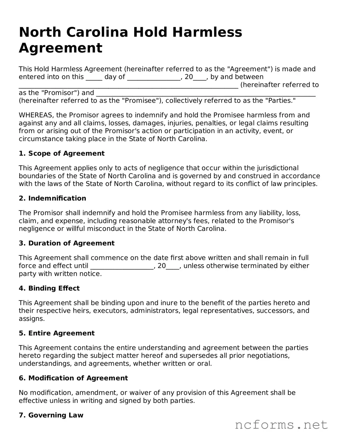 Printable  Hold Harmless Agreement Form for North Carolina