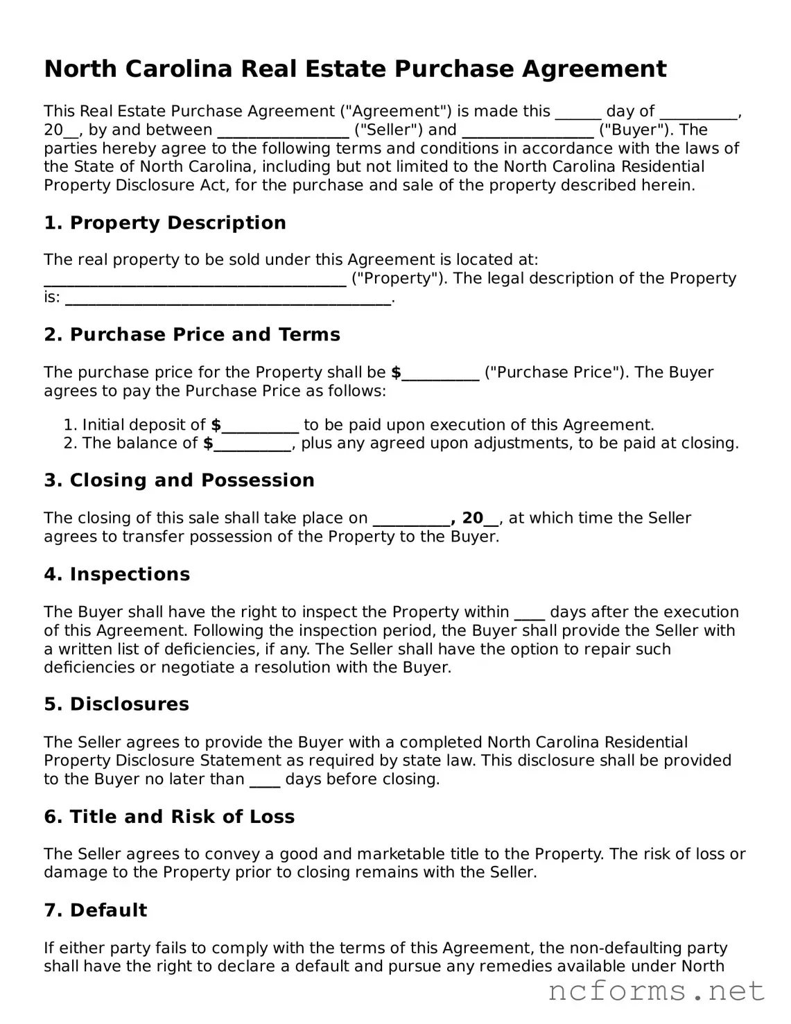 Printable  Real Estate Purchase Agreement Form for North Carolina