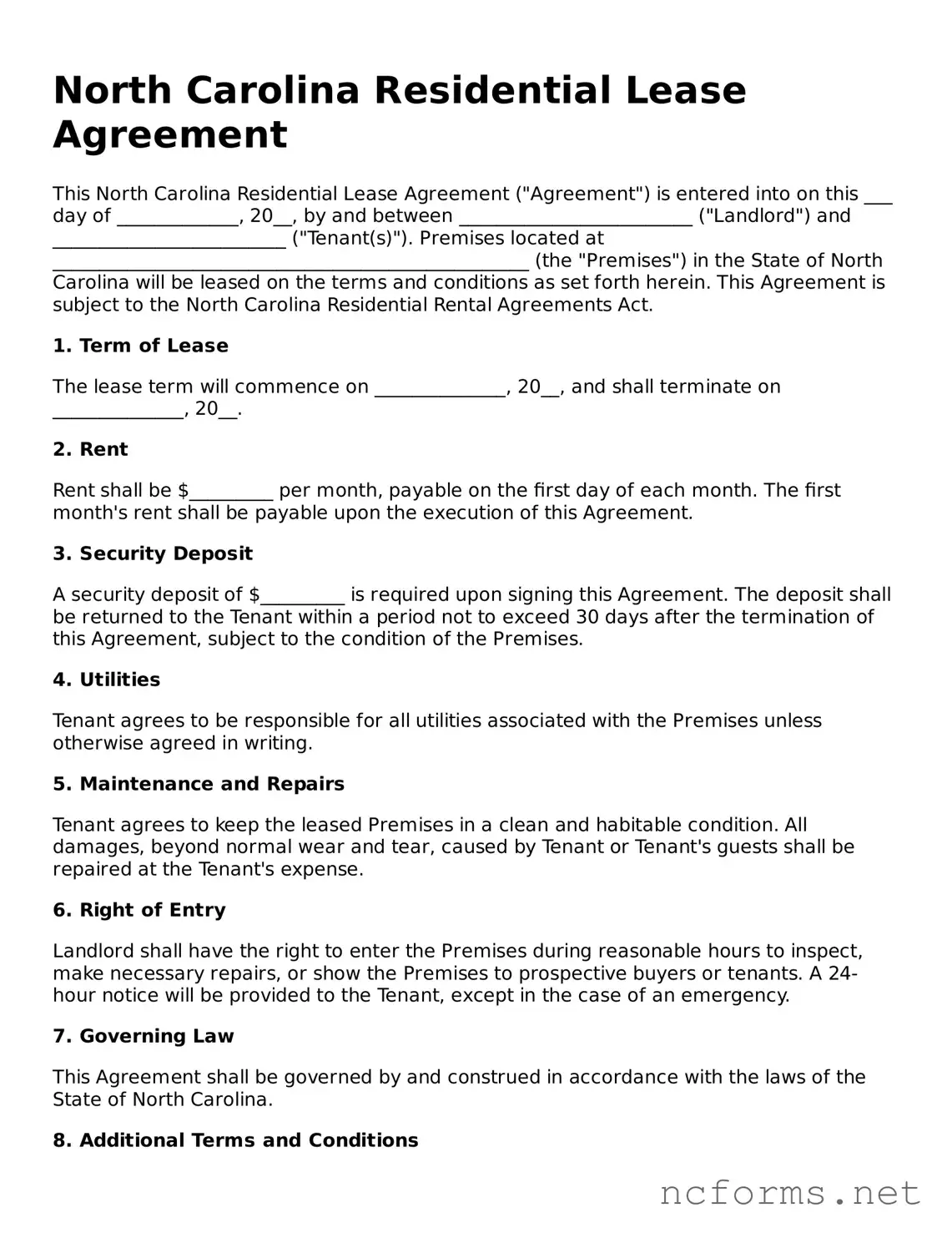 Printable  Residential Lease Agreement Form for North Carolina
