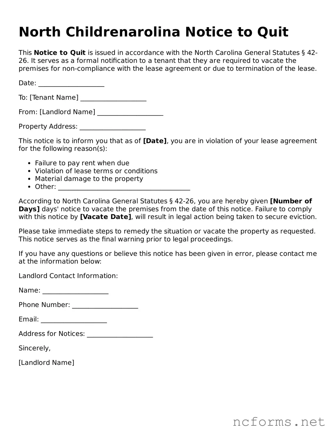Printable  Notice to Quit Form for North Carolina