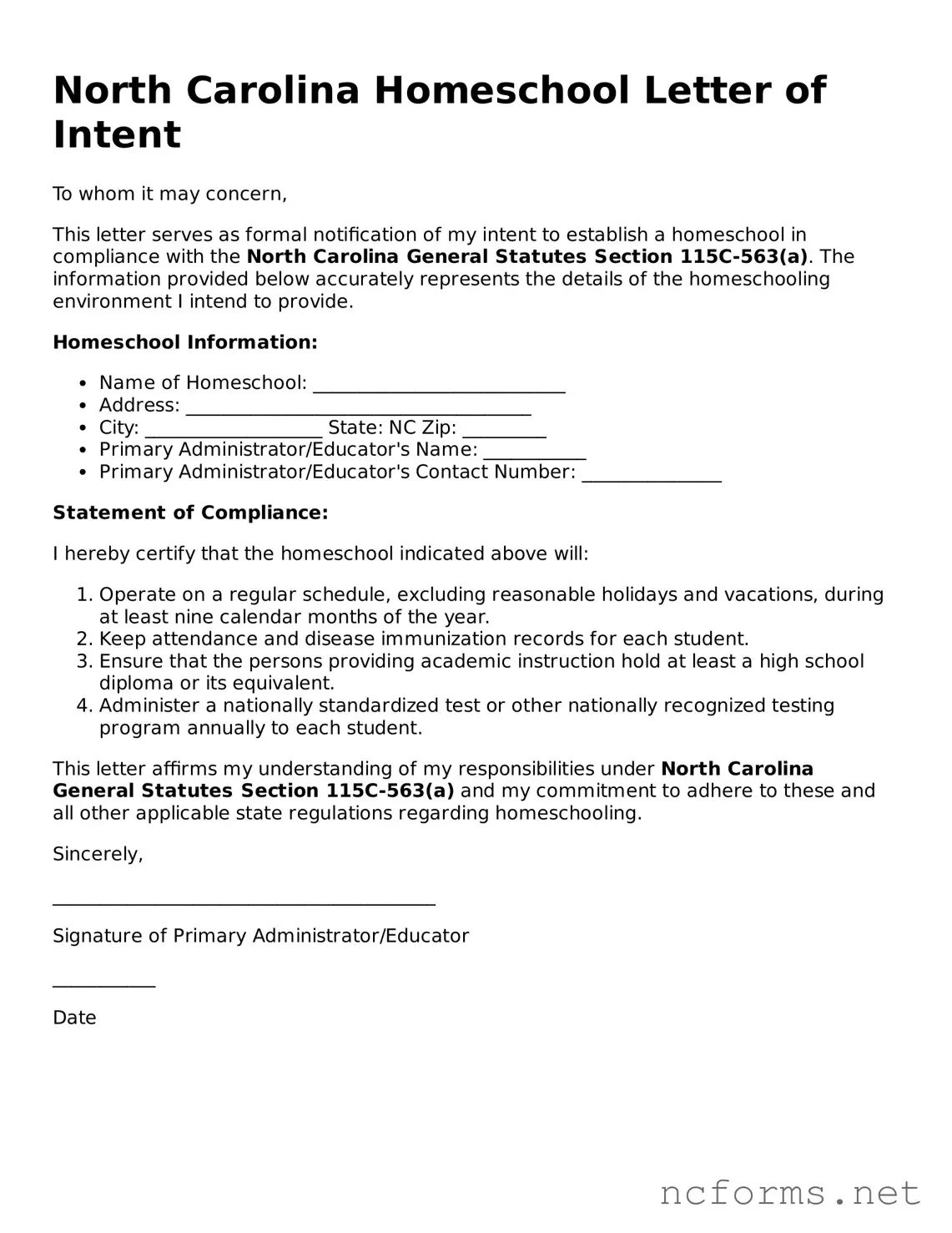 Printable  Homeschool Letter of Intent Form for North Carolina