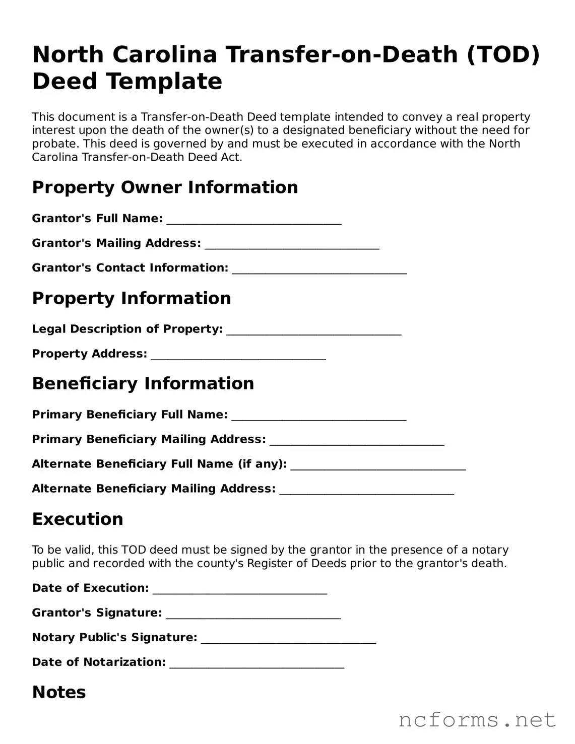 Printable  Transfer-on-Death Deed Form for North Carolina
