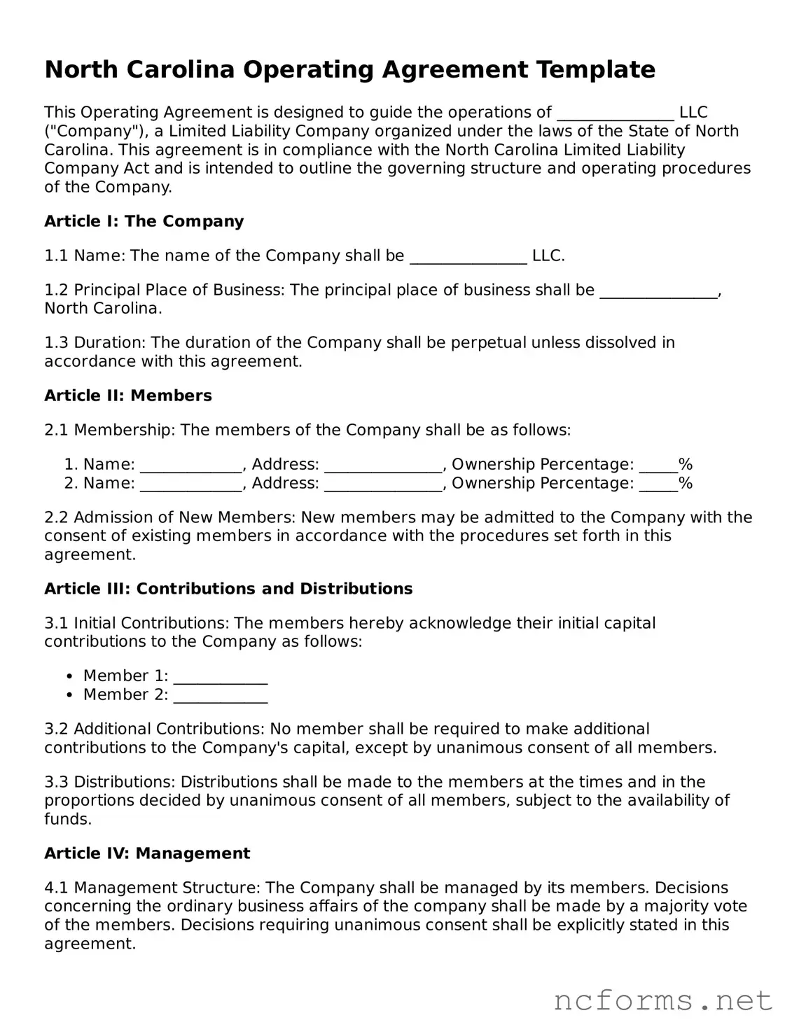Printable  Operating Agreement Form for North Carolina