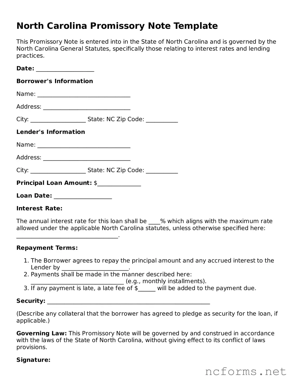 Printable  Promissory Note Form for North Carolina