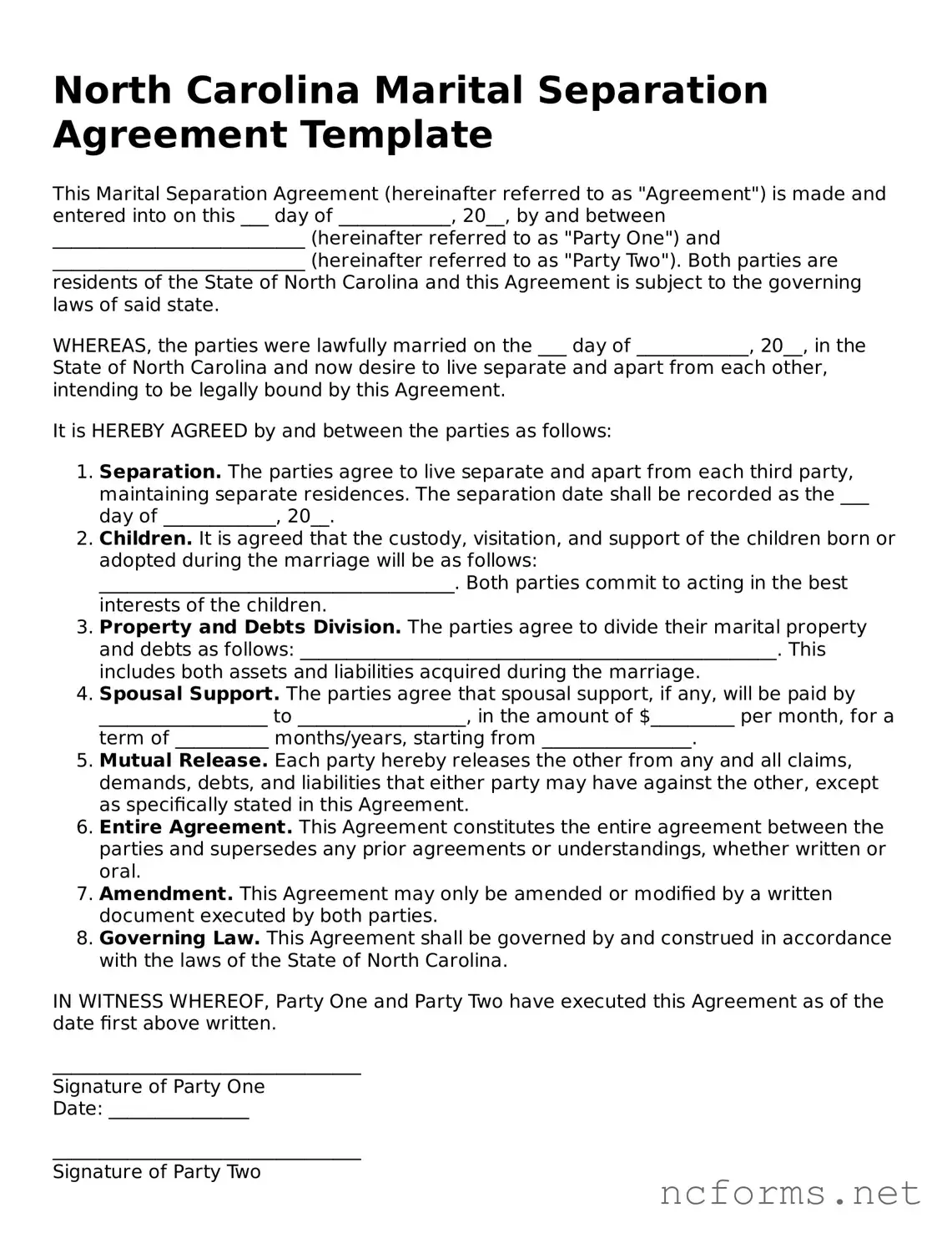 Printable  Marital Separation Agreement Form for North Carolina