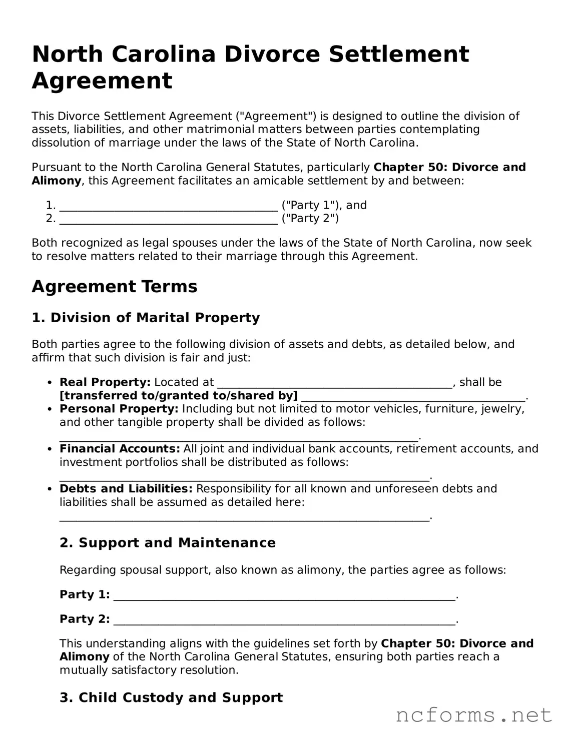 Printable  Divorce Settlement Agreement Form for North Carolina