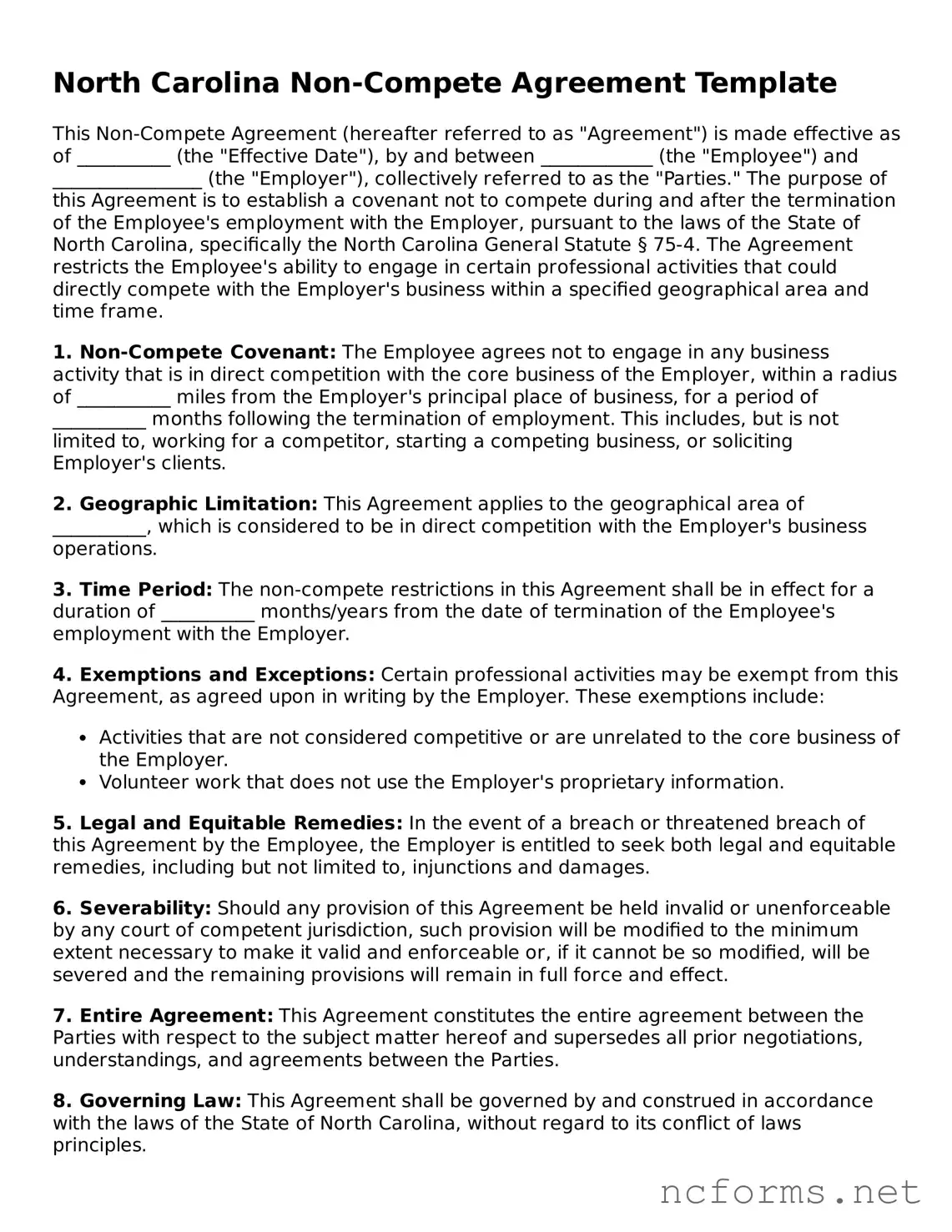 Printable  Non-compete Agreement Form for North Carolina