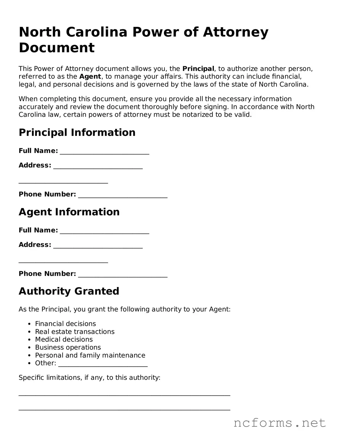 Printable  Power of Attorney Form for North Carolina