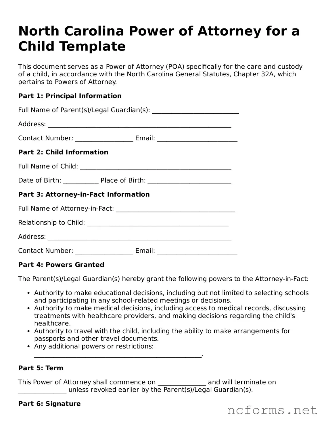 Printable  Power of Attorney for a Child Form for North Carolina
