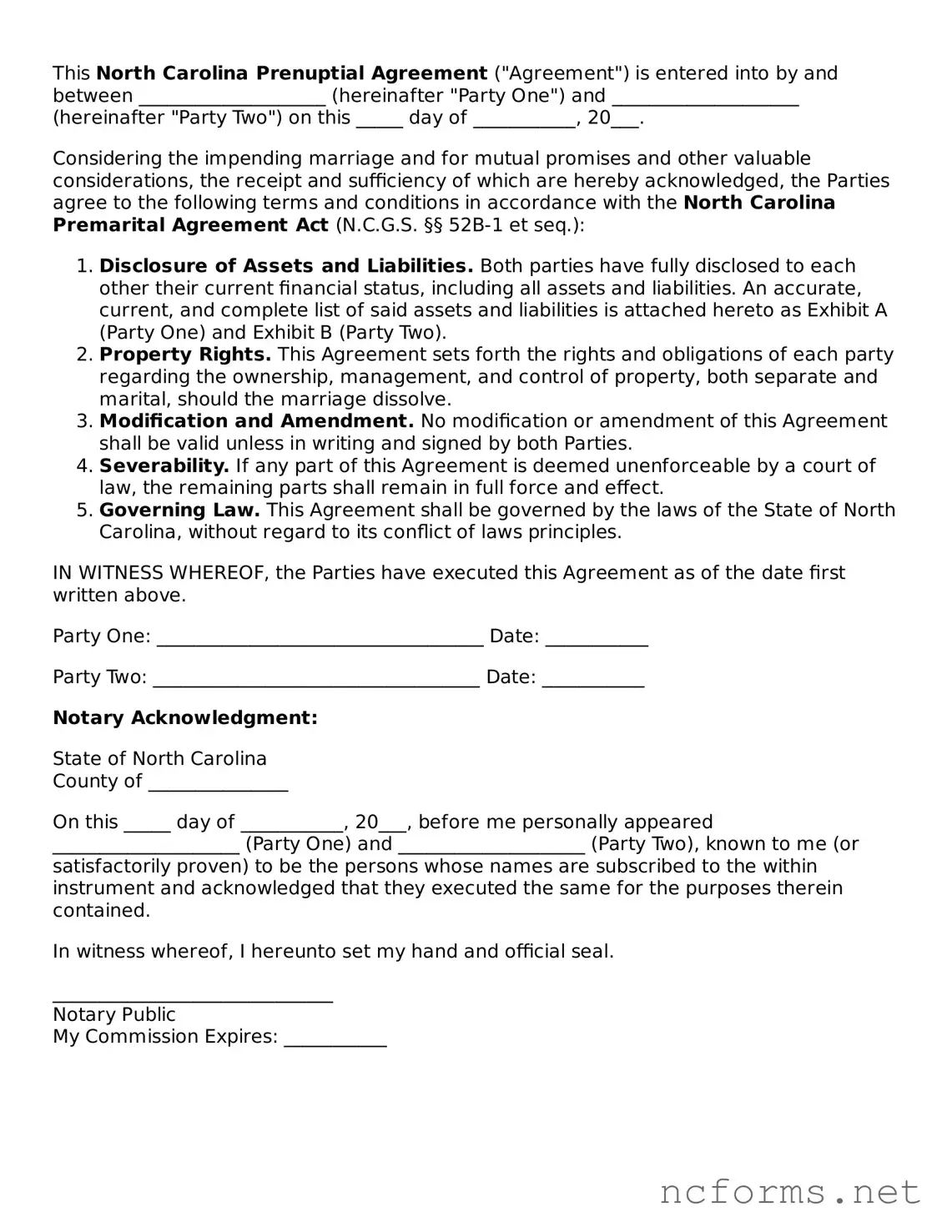 Printable  Prenuptial Agreement Form for North Carolina