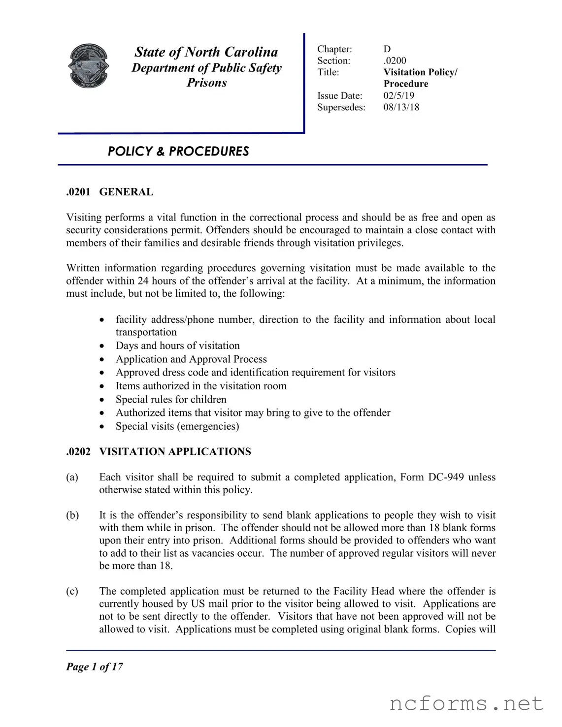 Fillable North Carolina Prison Application Template