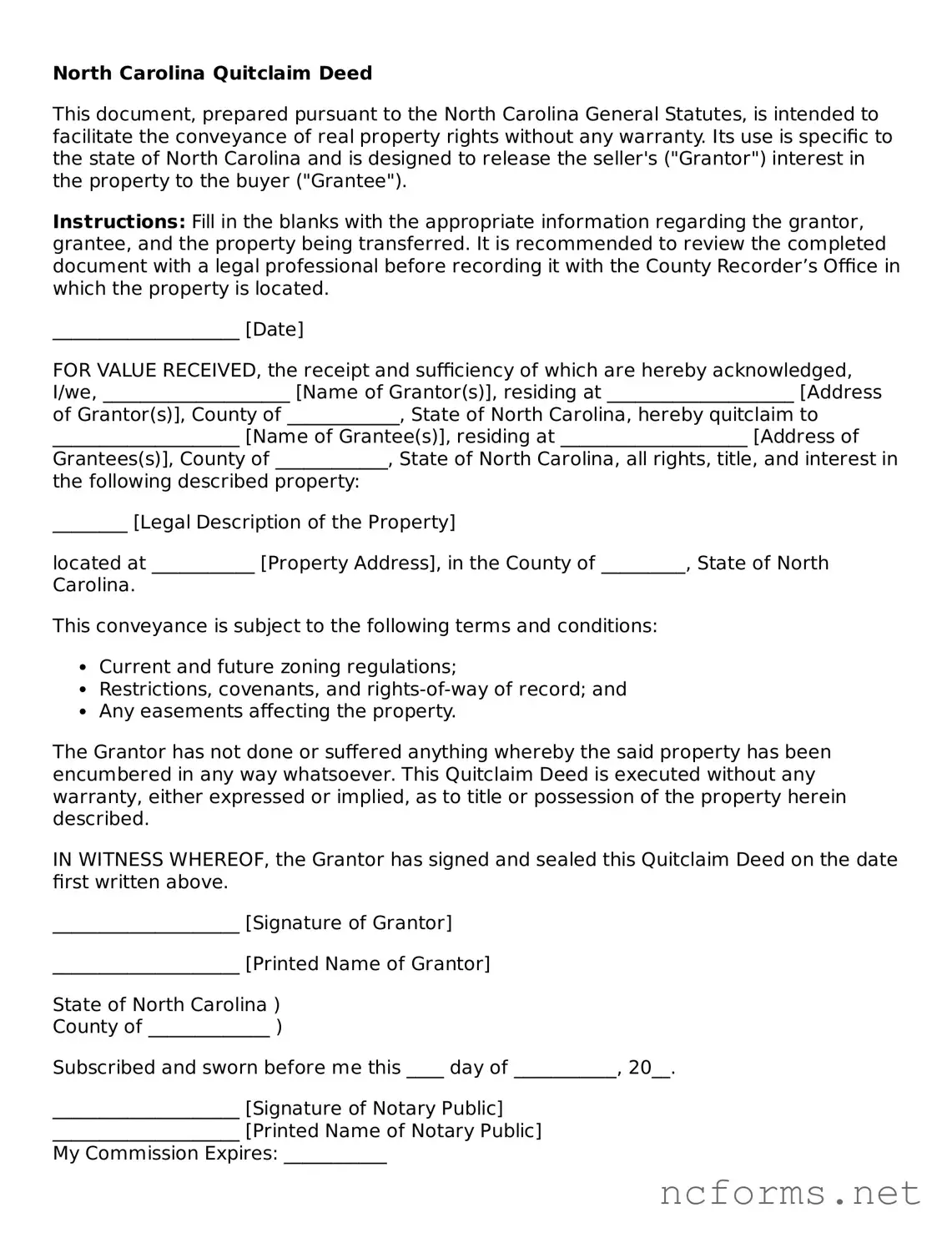 Printable  Quitclaim Deed Form for North Carolina