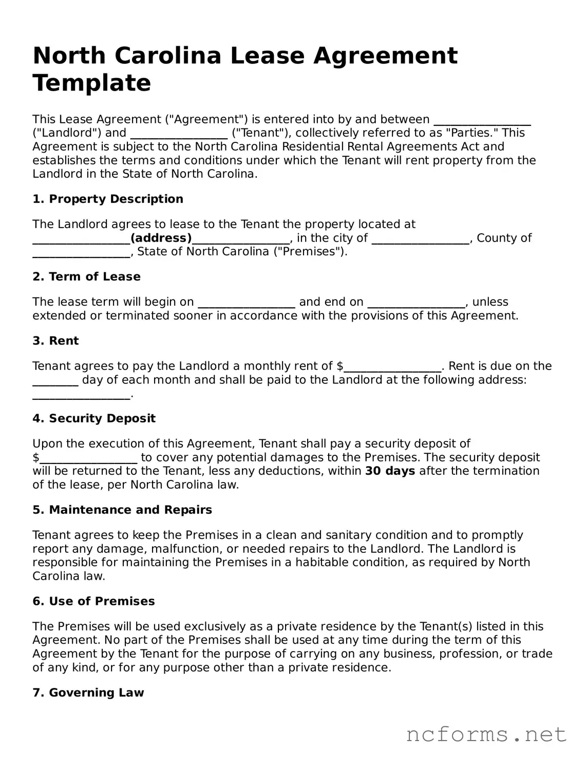 Printable  Lease Agreement Form for North Carolina