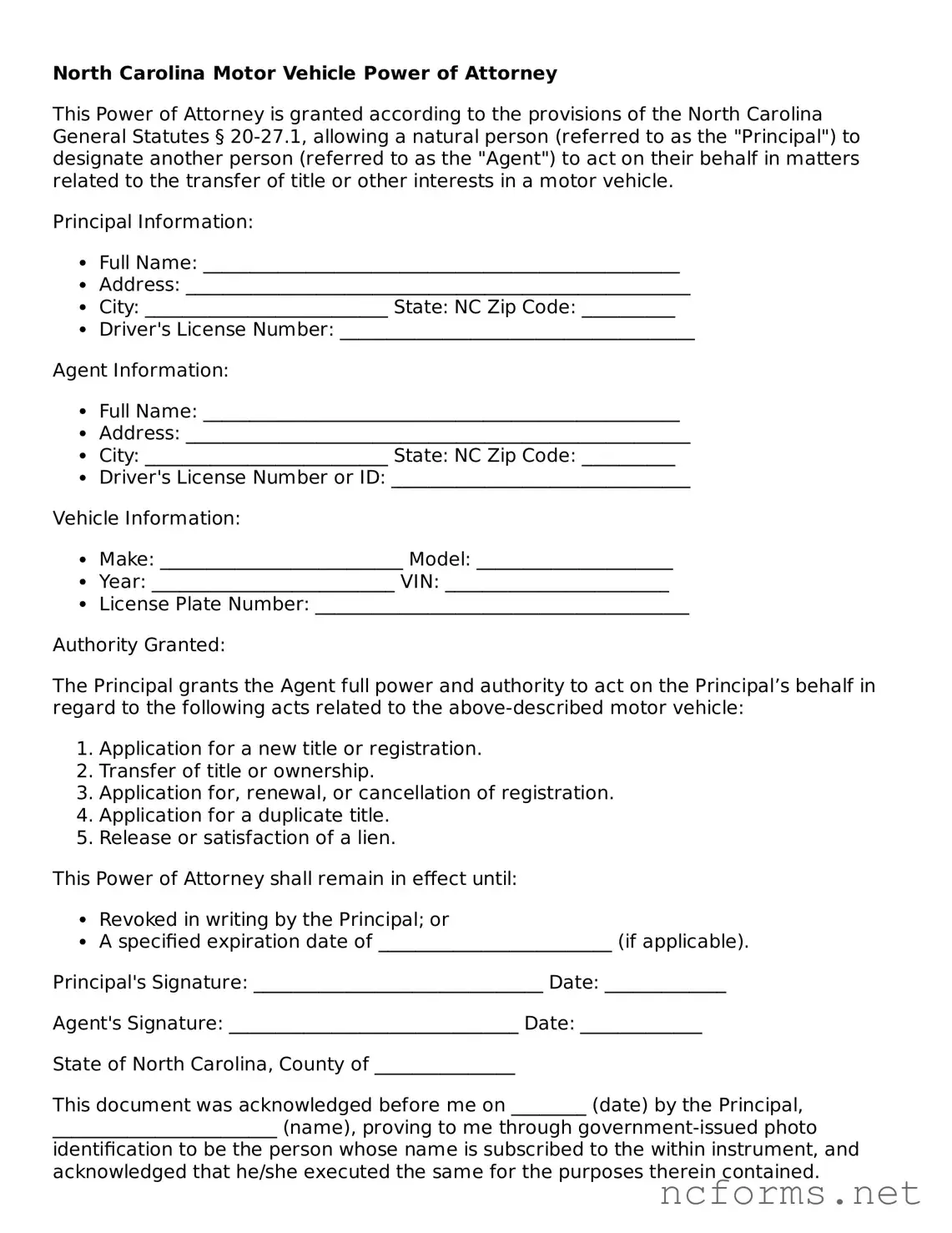 Printable  Motor Vehicle Power of Attorney Form for North Carolina