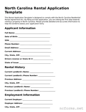 Printable  Rental Application Form for North Carolina