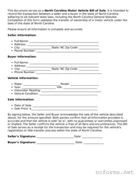 Printable  Motor Vehicle Bill of Sale Form for North Carolina