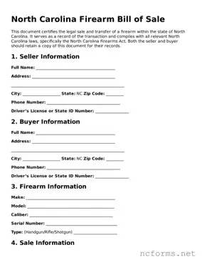 Printable  Firearm Bill of Sale Form for North Carolina