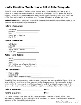 Printable  Mobile Home Bill of Sale Form for North Carolina