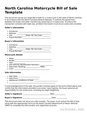 Printable  Motorcycle Bill of Sale Form for North Carolina