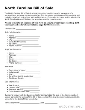 Printable  Bill of Sale Form for North Carolina