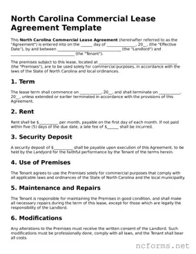 Printable  Commercial Lease Agreement Form for North Carolina