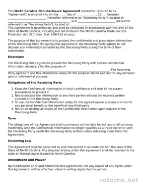 Printable  Non-disclosure Agreement Form for North Carolina