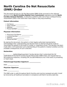 Printable  Do Not Resuscitate Order Form for North Carolina