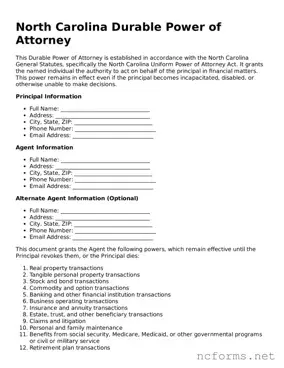 Printable  Durable Power of Attorney Form for North Carolina
