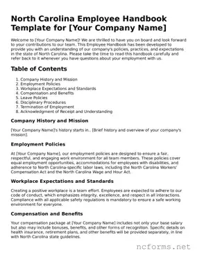Printable  Employee Handbook Form for North Carolina
